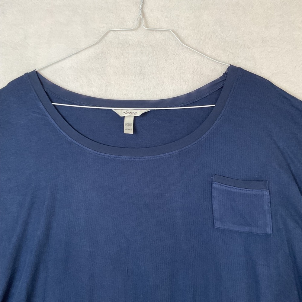 Soma Womens Navy Blue Ribbed Short Sleeve‎ Pajama Top Mesh Trim XXL Relaxed Fit - Picture 2 of 7